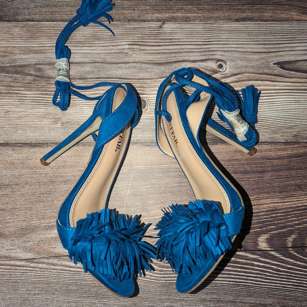 3/$15 Just fab High Heel Blue Fringe Shoes Tie Around Leg NEW